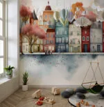 Cityscape Nursery Mural, Whimsical Town Wall Art